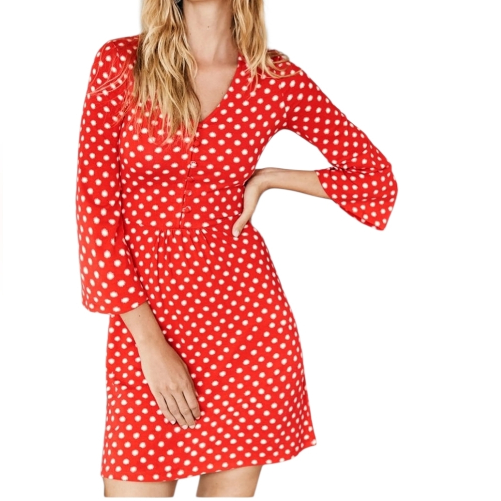 Boden Sunburst Dot Dress Size 2 V-neck Red White Jersey Pullover Stretch Summer